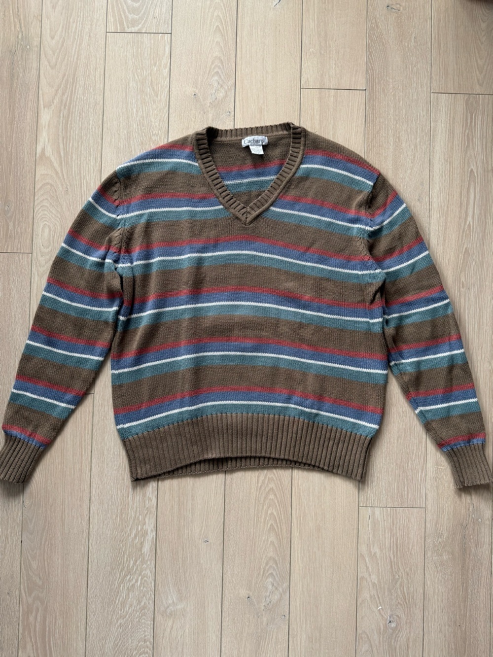 Vintage Cacharel V-Neck Striped Cotton Men’s Sweater Size Large Brown & Blue